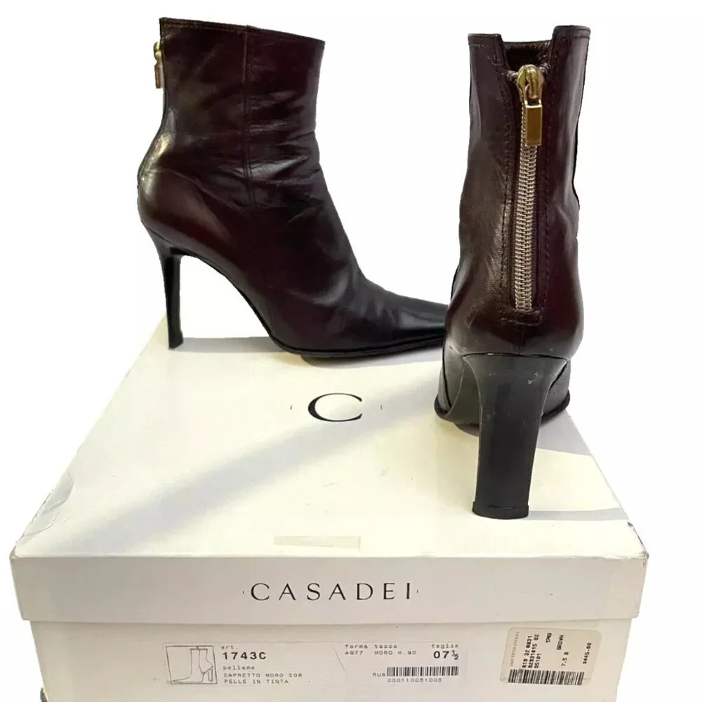 Auc CASSADEI Pellami Brown Leather Back Zip Pointy Ankle Boots Made in Italy - Picture 1 of 16